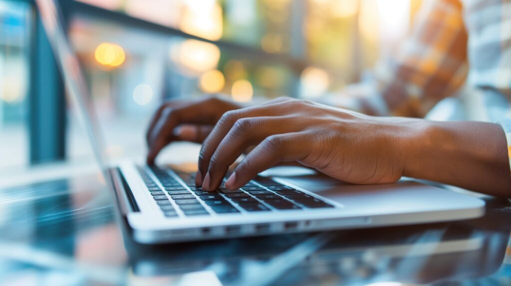 Closeup of hands typing on laptop keyboard focusing on productivity and modern technology Image represents digital age and the interconnectedness of todays work environment